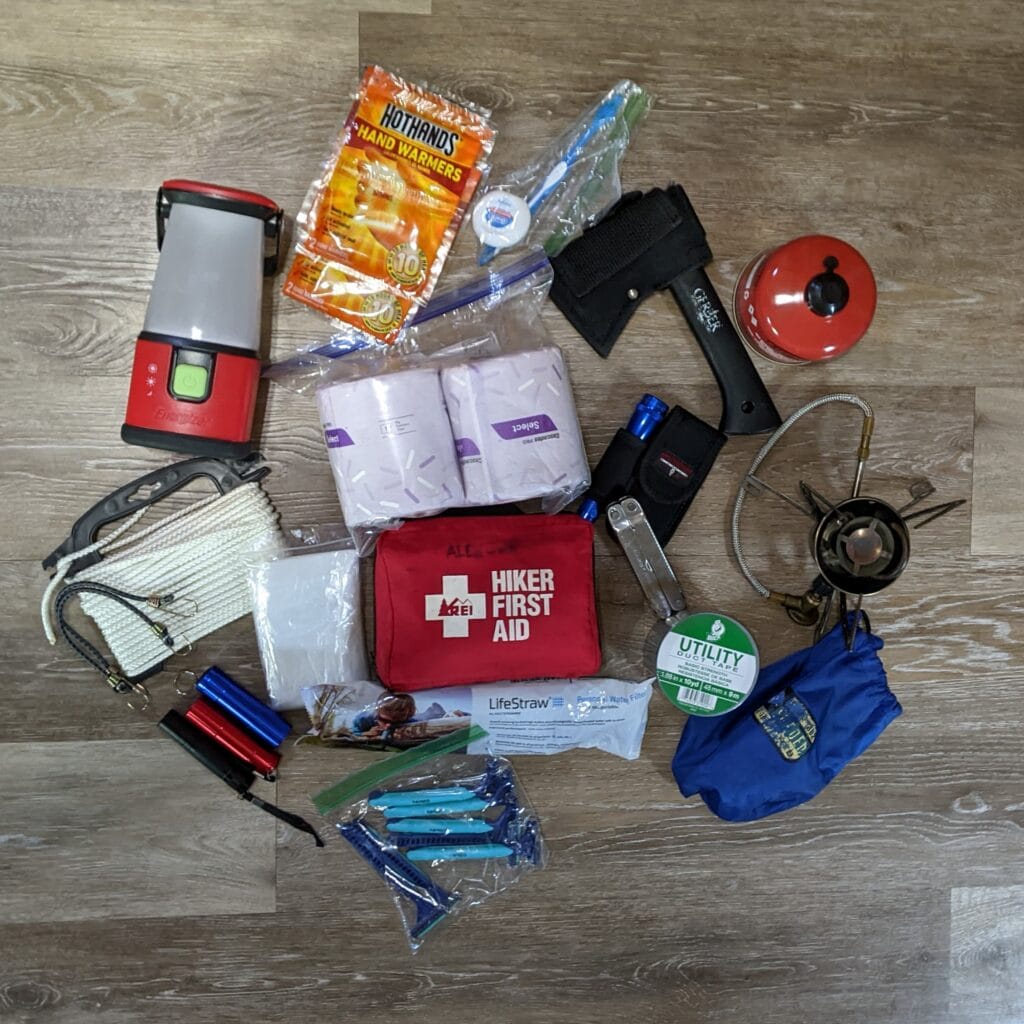 Various kit essentials, first aid kit, stove, etc